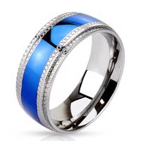 Stalowy pierścionek niebieski pas pośrodku, karbowane krawędzie - Rozmiar : 61