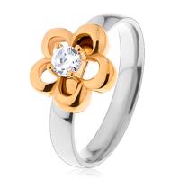 Stalowy pierścionek w dwukolorowej wersji, zarys kwiatu z podwyższoną bezbarwną cyrkonią - Rozmiar : 52