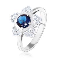 Zaręczynowy pierścionek, srebro 925, błyszczący kwiatek, okrągła niebieska cyrkonia - Rozmiar : 49