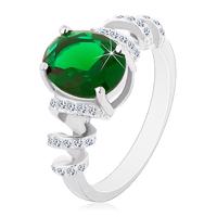 Zaręczynowy rodowany pierścionek, srebro 925, owalna zielona cyrkonia, błyszczące spirale - Rozmiar : 65