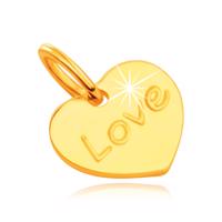 Zawieszka z 14K żółtego złota - płaskie symetryczne serce z wygrawerowanym napisem Love, lustrzany połysk