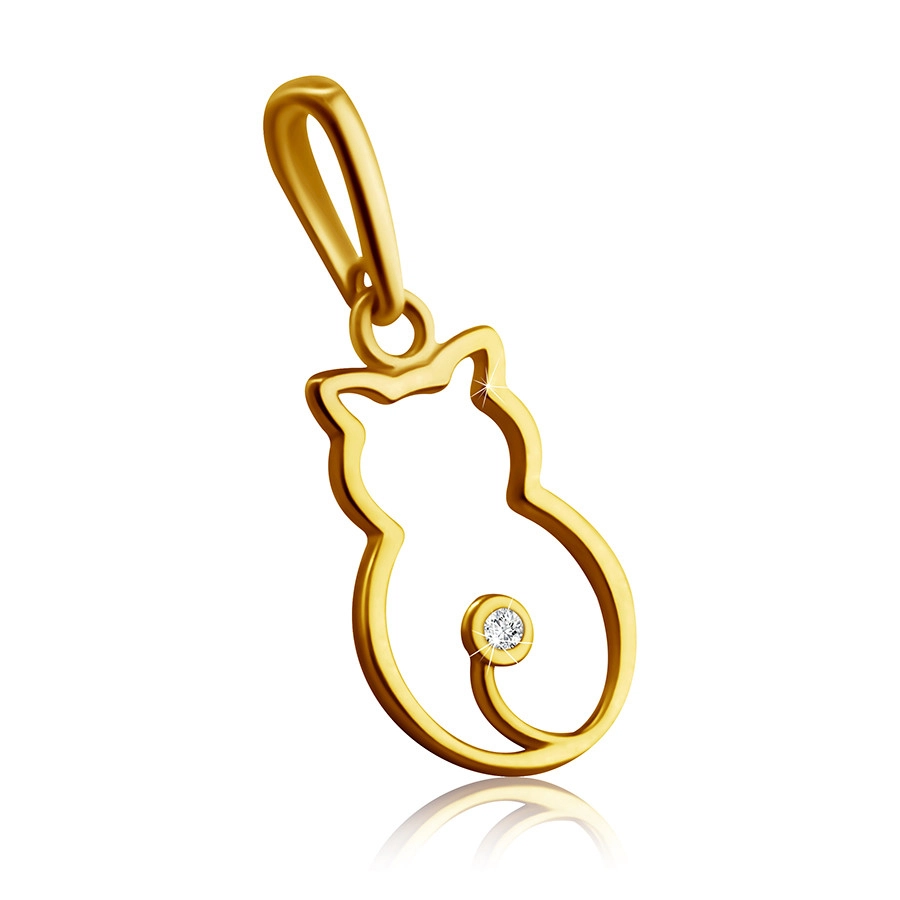 Zawieszka z 14K żółtego złota - zarys kota, bezbarwny okrągły brylant w oprawie