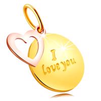 Zawieszka z mieszanego złota 375 - okrągły znaczek z napisem "I love you", kontur serca