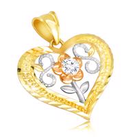 Zawieszka z żółtego 14K złota - zarys regularnego serca, kwiat z przezroczystą cyrkonią, leżące ósemki