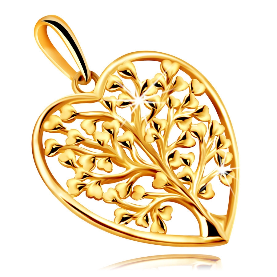 Zawieszka z żółtego złota 375 - kontur serca z rozgałęzionym drzewkiem szczęścia