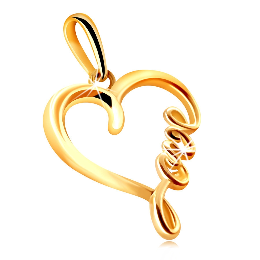 Zawieszka z żółtego złota 375 - lśniący kontur serca z napisem „Love”