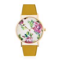 Zegarek analogowy - cyferblat z kwiatami róż i cyrkoniami, żółty pasek
