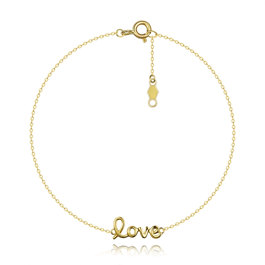 Złota bransoletka z żółtego 9K złota - błyszczący napis love, delikatny łańcuszek