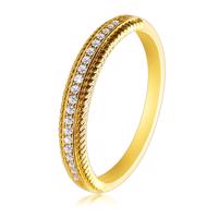 Złoty 14K pierścionek - ozdobnie karbowane wykończenie ramion, przezroczyste cyrkonie - Rozmiar : 49