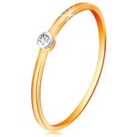 Złoty dwukolorowy pierścionek 585 - bezbarwny brylant w okrągłej oprawie, cienkie ramiona - Rozmiar : 49