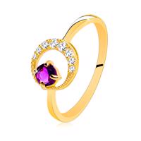 Złoty pierścionek 585 - cienki cyrkoniowy półksiężyc, ametyst w fioletowym odcieniu - Rozmiar : 57