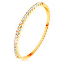 Złoty pierścionek 585 - cienkie lśniące ramiona, błyszcząca cyrkoniowa linia bezbarwnego koloru - Rozmiar : 65