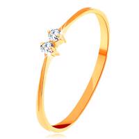 Złoty pierścionek 585 - cienkie lśniące ramiona, dwie połyskliwe cyrkonie bezbarwnego koloru - Rozmiar : 65