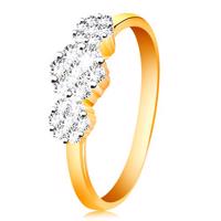 Złoty pierścionek 585 - trzy lśniące kwiaty z bezbarwnych cyrkonii, cienkie błyszczące ramiona - Rozmiar : 60