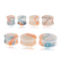 Akrylowy plug do ucha, beżowy kolor, niebiesko-pomarańczowe linie - Szerokość: 10 mm, Kolor: Niebiesko - pomarańczowy