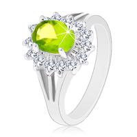 Błyszczący pierścionek z rozdzielonymi ramionami, cyrkoniowy owal zielonego koloru  - Rozmiar : 50