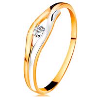 Brylantowy pierścionek z 14K złota - diament w wąskim wycięciu, dwukolorowe linie - Rozmiar : 49