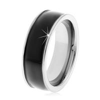 Czarny tungstenowy gładki pierścionek, delikatnie wypukły, błyszcząca powierzchnia, srebrne brzegi - Rozmiar : 67