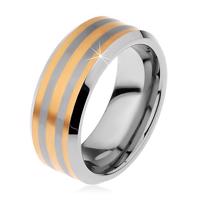 Dwukolorowy pierścionek tungsten z trzema paseczkami złotego koloru, lśniąco-matowy, 8 mm - Rozmiar : 52