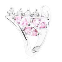 Lśniący pierścionek srebrnego koloru, zagięte końce ramion, bezbarwne i różowe cyrkonie - Rozmiar : 58
