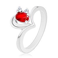 Lśniący pierścionek srebrnego koloru, zarys serduszka, czerwono-przezroczyste cyrkonie - Rozmiar : 61
