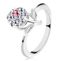 Lśniący pierścionek z różowo-przezroczystym cyrkoniowym kwiatkiem, łodyga z listkami - Rozmiar : 53