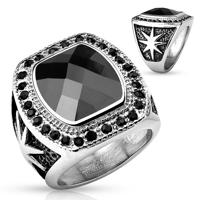 Masywny stalowy pierścionek srebrnego koloru, duży czarny kamień i okrągłe cyrkonie - Rozmiar : 60
