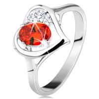Pierścionek srebrnego kolorou, kontur serca z pomarańczowym owalem i przezroczystymi cyrkoniami - Rozmiar : 60