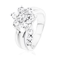 Pierścionek srebrnego koloru, błyszczący kwiatek z przezroczystych cyrkonii, rozdzielone ramiona - Rozmiar : 50