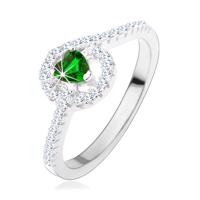 Srebrny pierścionek 925, zielone cyrkoniowe serduszko, błyszczące pasy - Rozmiar : 51