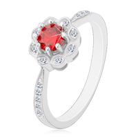 Srebrny rodowany pierścionek 925, błyszczący kwiatek z czerwono-różową cyrkonią - Rozmiar : 52