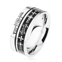 Stalowy pierścionek srebrnego koloru, czarne paski, celtyckie symbole - Rozmiar : 54