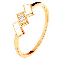 Złoty pierścionek 585 - ukośne prostokąty pokryte białą emalią i cyrkoniami - Rozmiar : 57