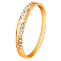 Złoty pierścionek 585 - wąskie linie z bezbarwnych błyszczących cyrkonii, wysoki połysk - Rozmiar : 50